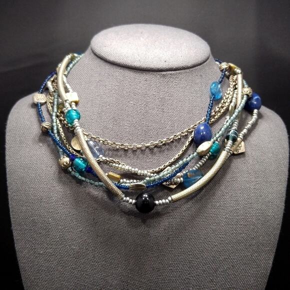 Chico’s Multistrand Silver Blue Beaded Necklace 7 Strands Adjustable 20" - Picture 6 of 7